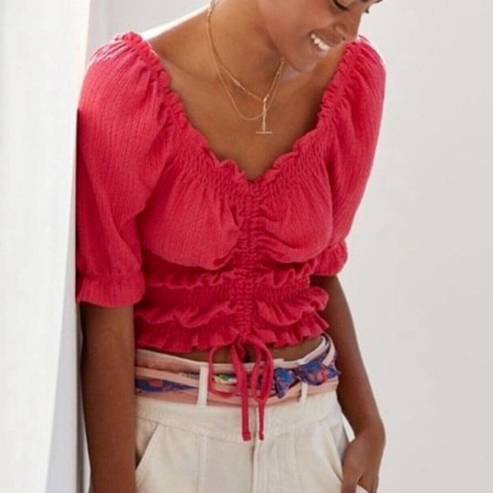 Anthropologie PILCRO Coquette Top Women XL Pink Cinched Smocked Puff Sleeve Boho